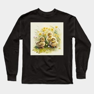 Cute Baby Ducks in Flowers Watercolor Long Sleeve T-Shirt